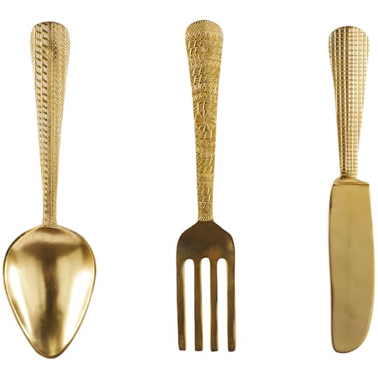 Gold Aluminum Knife, Spoon and Fork Utensils Wall Decor Set of 3 4", 23"